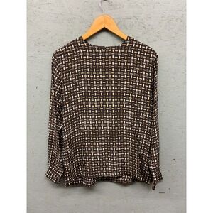 Susan Marsh‎ Women’s S Silk Blouse Black Beige Geometric Long Sleeve Top